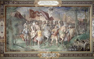 Karol V (1500-58) Alessandro (1546-92) i Ottaviano Farnese prowadzący armię przeciwko landgrafowi Filipowi z Hesji w 1546 roku z „Sala dei Fasti Farnese” (Sala Wspaniałości Farnese)